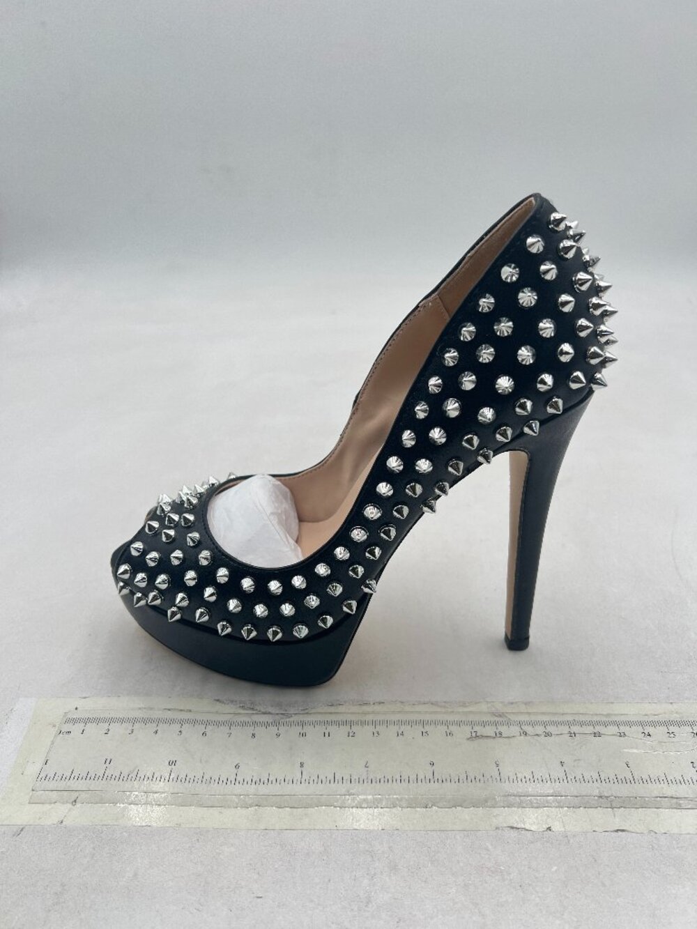 FSJ Black Silver Rivets Platform Heel Peep Toe High Stiletto Heel Slip On Pumps - Picture 2 of 8